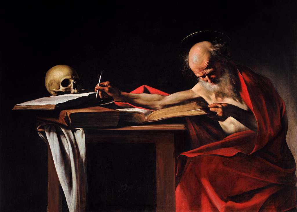 Saint Jerome absorbed in writing, with an open book and a red robe